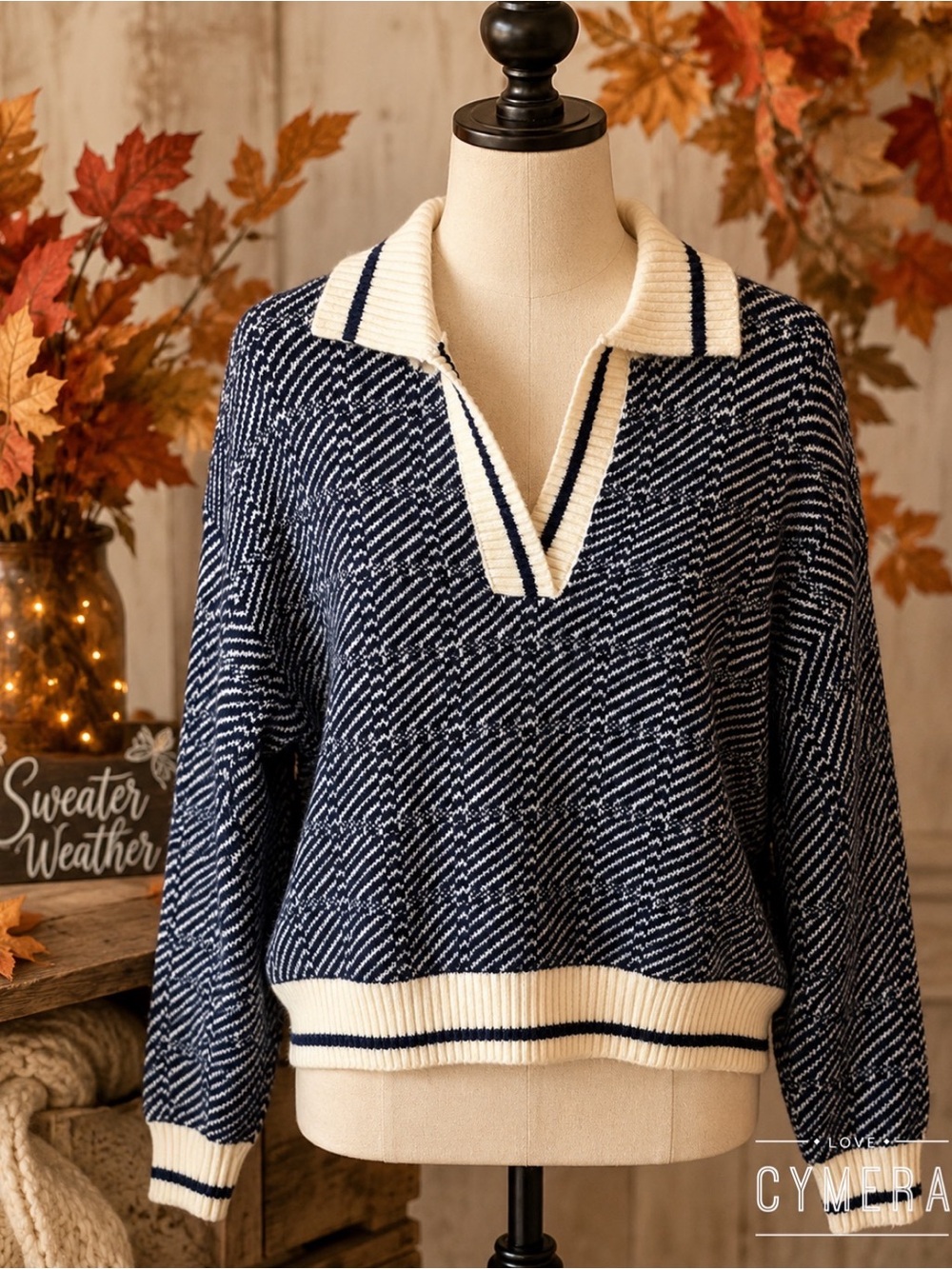 Blu Pepper Navy and Cream Collared Knit Sweater